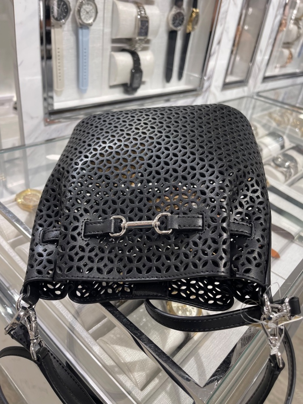 Carson Small Floral Laser Cut Bucket Crossbody Bag Black - Picture 9 of 13